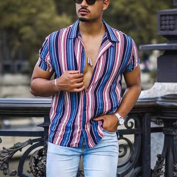 

men's casual shirts 2022 short sleeve for men striped printed tees summer fashion buttoned turn-down shirt streetwear, White;black