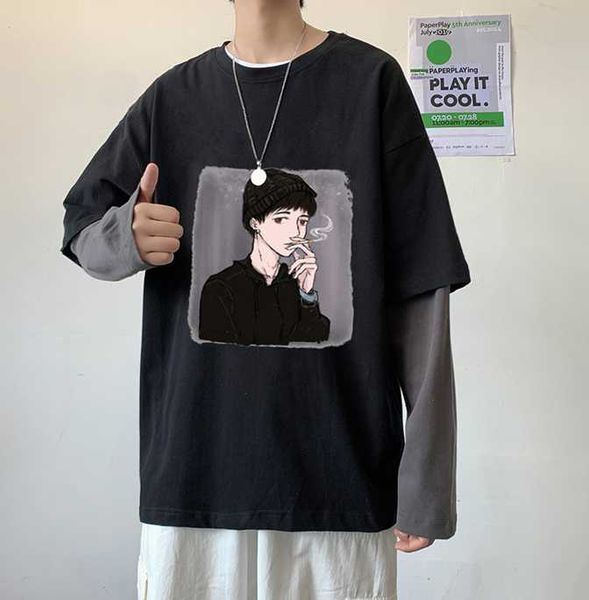 

cartoon image fake two piece stitching loose long-sleeved t-shirt women's, White