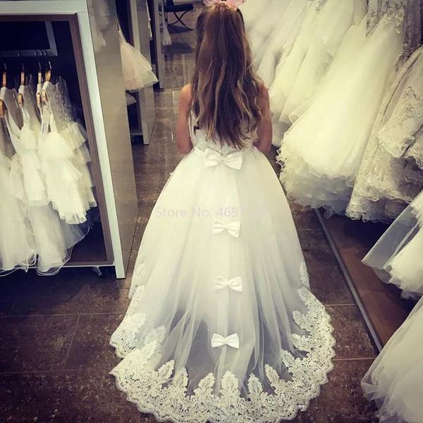 

girl's dresses customize white ivory flower girls dress lace applique o neck bow floor length first cummunion clothes pageant gowns for, Red;yellow