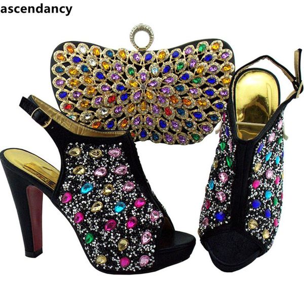 

dress shoes italian shoe and bag set for party in women nigerian wedding with rhinestone high heel, Black