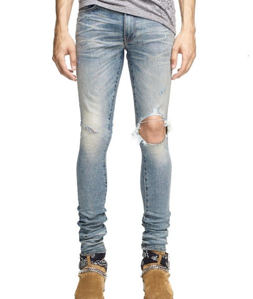

men's jeans mens ripped distressed one knee hole high street classic black blue denim pants splice slim pencil 06d5