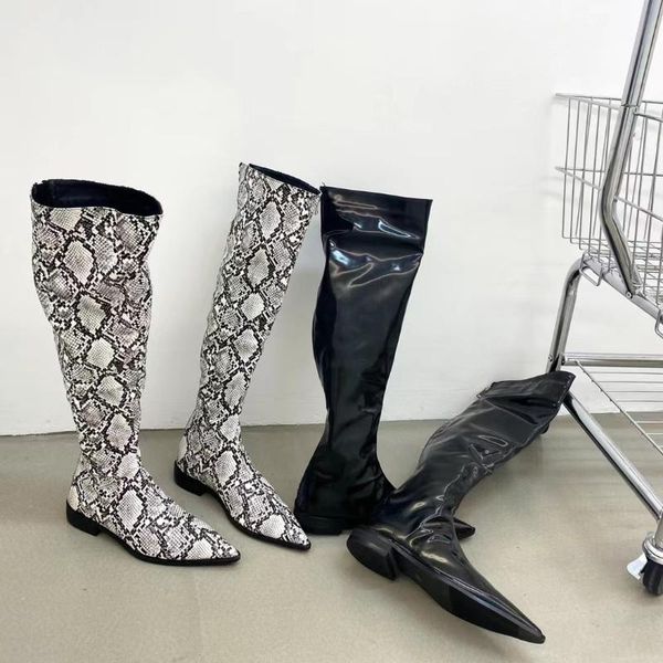 

boots pointed toe women over the knee snake printed/black flat heeled sock woman back zipper stretch booties 35-39