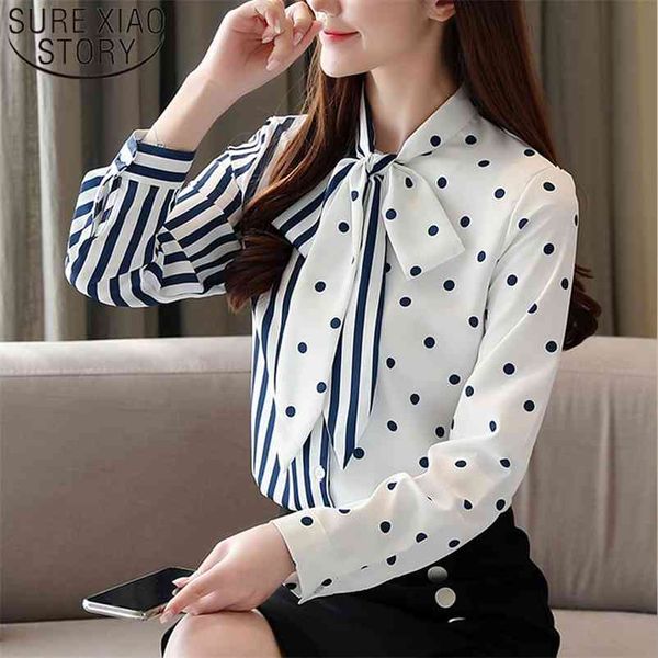 

spring blusas mujer de moda long sleeve chiffon white women shirts bow wave dot striped female blouses ladies 8477 50 210510