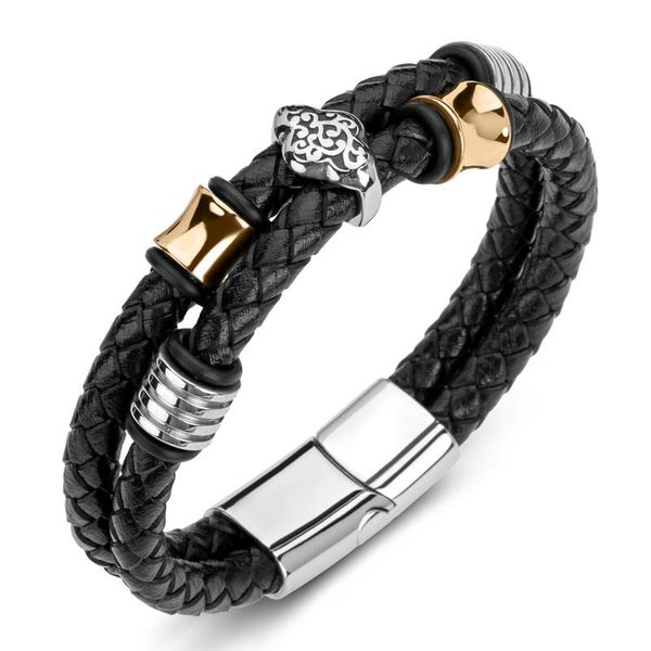 

charm bracelets braided leather rope chain men stainless steel magnetic clasp bangles punk jewelry male wristband gift p195, Golden;silver