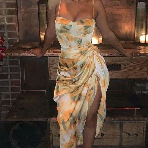 

casual dresses asymmetry ruched spaghetti strap dress summer party off shoulder sleeveless backless print midi nightclub high split, Black;gray