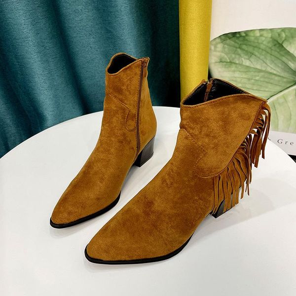 

boots suede warm casual women shoes 2021 winter designer mid heels ankle snow fringe zipper fashion cozy chunky pumps mujer, Black