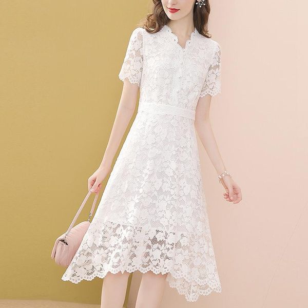 

casual dresses white lace dress for women short sleeve a-line up beach v-neck pearl hollow out floral irregular vestdios 2021, Black;gray