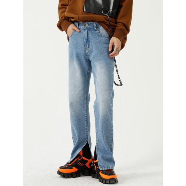 

men's jeans for men korean streetwear fashion hem split design straight casual denim pants male vintage jean trousers, Blue