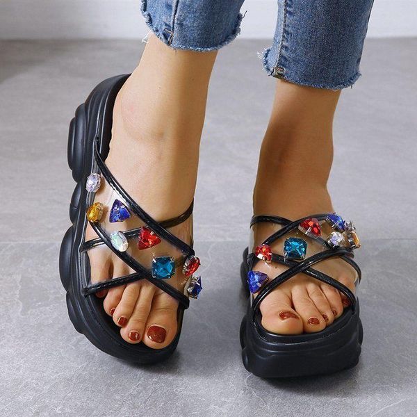 

slippers women transparent cross strap rhinestone thick bottom wedge crystal flat heels outdoor beach lady shoes sandals autumn, Black