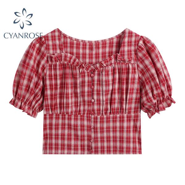 Vintage vermelho xadrez colheita blusa para senhoras soprar manga curta elegante plissado design camisas mulheres mori menina rok ulzzang tops mujer 210417