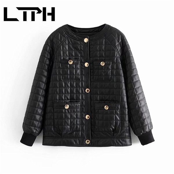 

ltph o-neck raglan sleeves women leather jacket black pu coat single breasted thicken warm parkas winter 210423, White