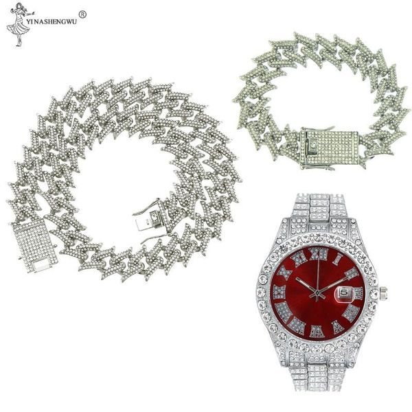 

chokers hip hop 20mm 3pcs kit watch+necklace+bracelet thorns cuban link chains bling + iced out alloy rhinestones for men jewelry, Golden;silver