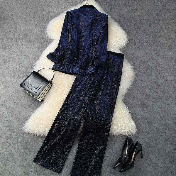 

pant autumn velvet elegant girly turn down collar jacket and suit pants piece sets, White