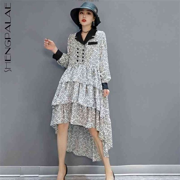 

printed double breasted derss women's summer laple contrast color long sleeve irregular dresses female 5c988 210427, Black;gray