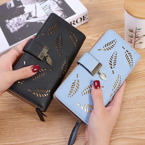 

wallets 2021 women wallet pu leather purse female long gold hollow leaves pouch handbag for coin card holders clutch, Red;black