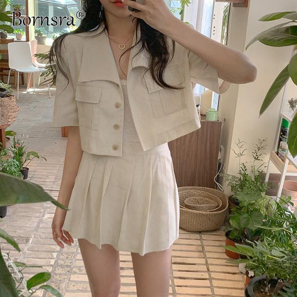 

two piece dress bornsr 2021 summer cotton and linen workwear short jacket + pleated skirt culottes set elegant women dresses, White