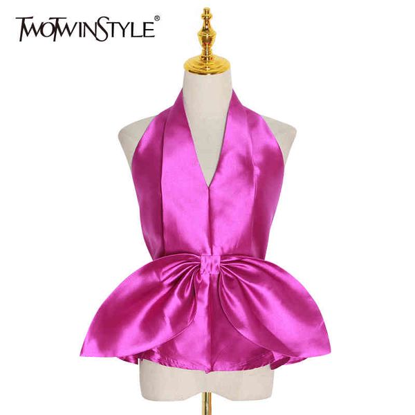 Camisa de Chiffon Bowknot para Mulheres Halter v Neck Sem Mangas Slim Festa sexy Camisas Top Feminino Verão Fashion 210524