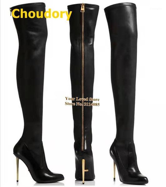 

boots choudory gold metal heels over-the-knee black matte leather back zipped thigh high nightclub dress shoes women1