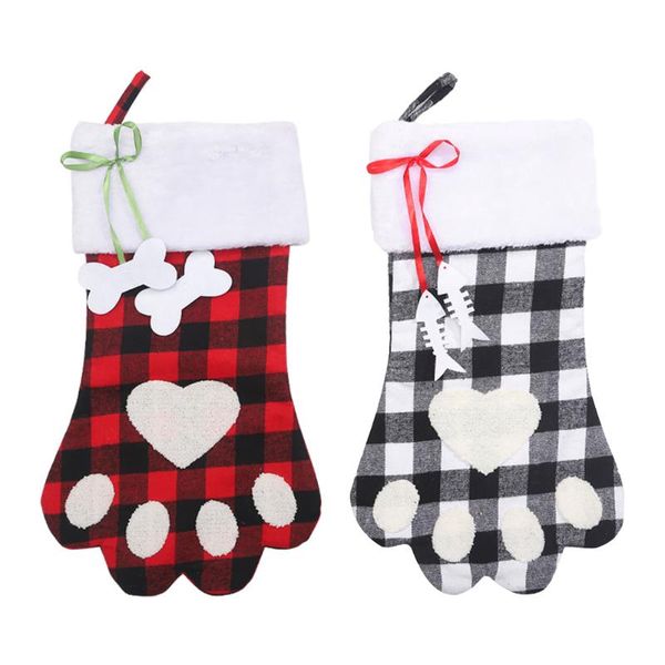

christmas decorations checked stocking sack plaid dog claw socks fireplace candy bag pendant accessories party ornament