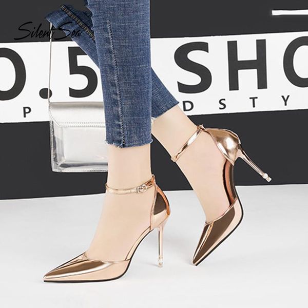 

silentsea high heels women pumps pointed toe wedding shoes buckle strap heel party ladies large size 40 dress, Black