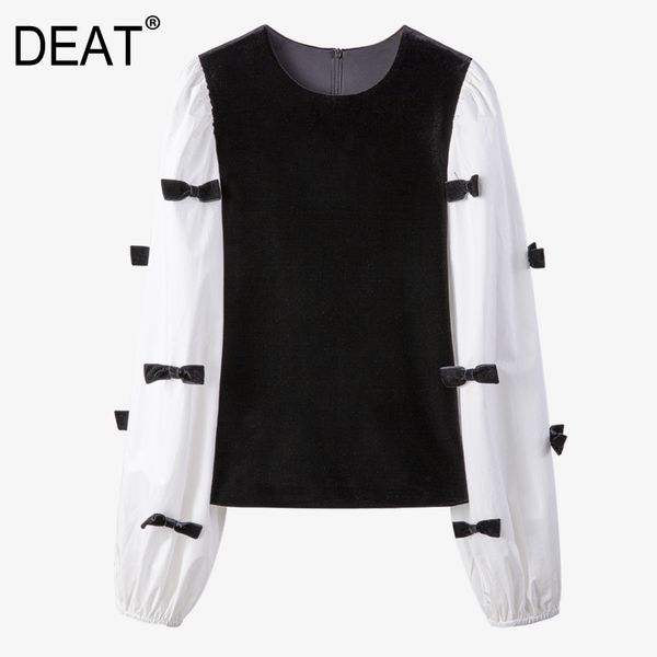

[deat] o-neck neck bow bubble long sleeve color contrast patchwork shirt for women casual new fashion tide spring gx31 210428, White;black