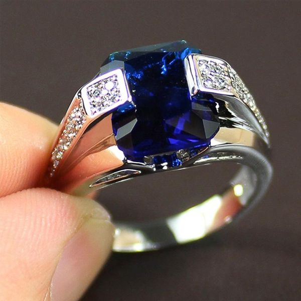 

wedding rings huitan luxury deep blue solitaire for women engagement noble female finger ring fine gift timeless classic jewelry, Slivery;golden