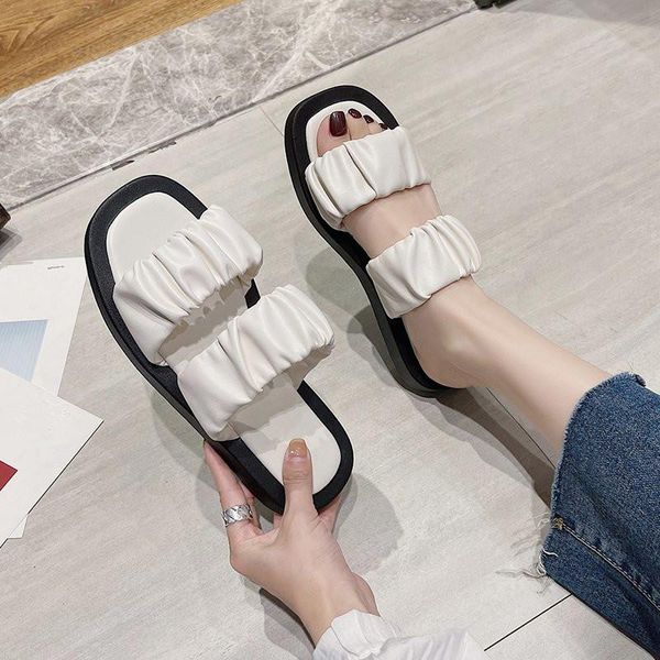 

slippers flat shoes female women summer slides fashion low pantofle luxury soft 2021 rome pu rubber basic pleated fem, Black