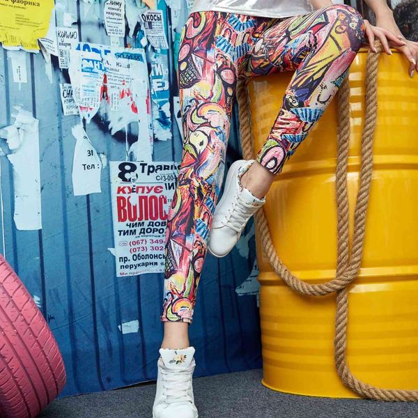 

leggings fashion 9168 oil painting graffiti printing, Black