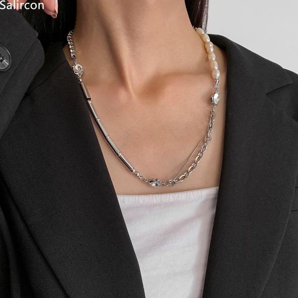 

chokers 2021 trend hiphop titanium steel necklace for women men simulated pearls rhinestone chain fashion kpop jewelry gift, Golden;silver