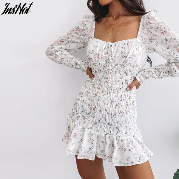 

white casual floral women dress bandage ruched summer mini dress office puff sleeve high street aline ladies dresses 210514, Black;gray