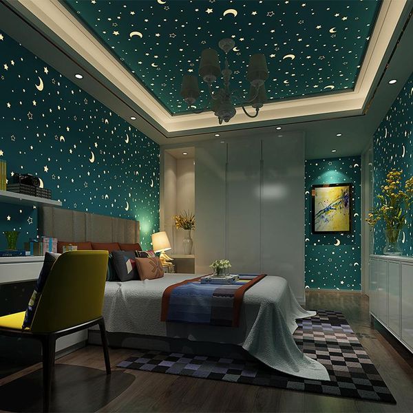 

wallpapers korean fantasy luminous fluorescent stars moon blue pink children's room non-woven wallpaper boy girl bedroom cartoon kids