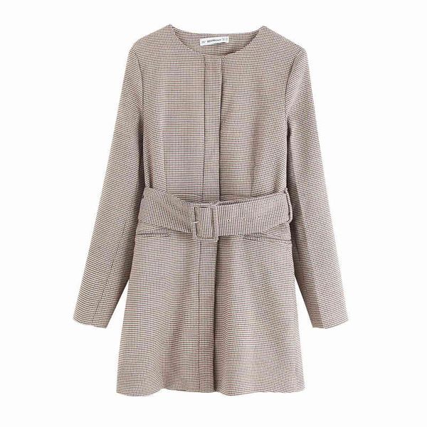 

women's trench coats elegant women plaid o-neck outercoat fashion ladies sashes pocket overcoat streetwear female chic button long, Tan;black