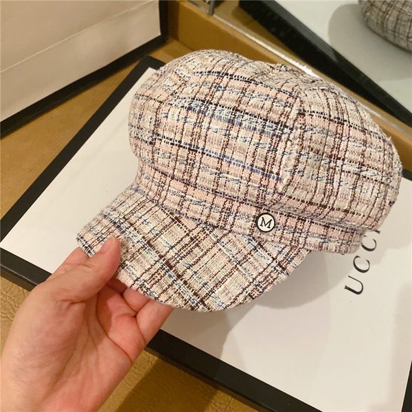 

women's autumn winter newspaper children's stard color lattice cotton and hemp octagonal versatile painter's hat, Yellow