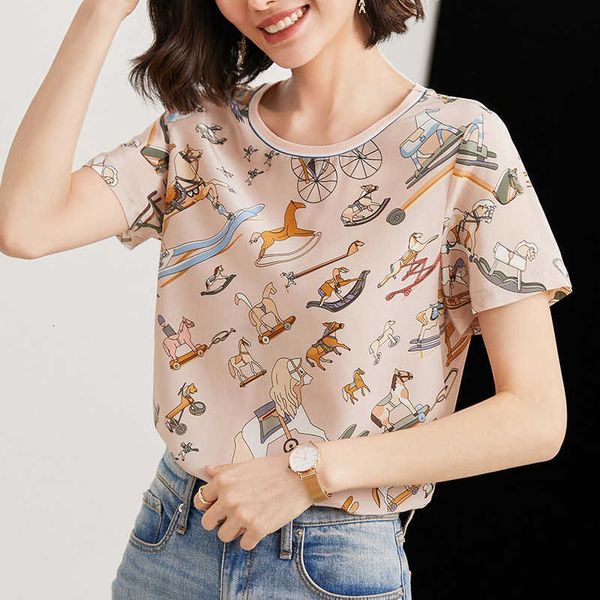 

women's t-shirt summer women's heavy silk blouse round neck t shirt y2l7, White
