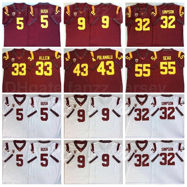 

ncaa college football usc trojans jersey 5 reggie bush 9 juju smith-schuster 32 oj simpson 33 marcus allen 43 troy polamalu 55 junior seau u, Black