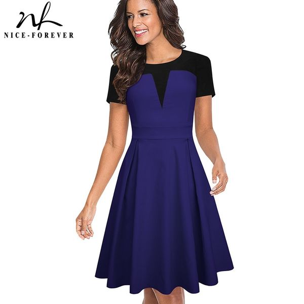 

nice-forever summer women contrast color patchwork 1950's retro dresses casual flare a-line swing dress a088 210419, White