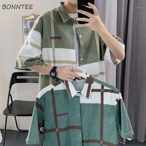 

men's casual shirts men plaid summer short sleeve comfortable patchwork all-match korean style fashion simple loose streetwear clothes, White;black