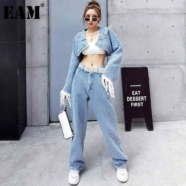 

[eam] wide leg pants two piece blue denim tassels suit long sleeve loose fit women fashion spring autumn 1dd6388 210512, White