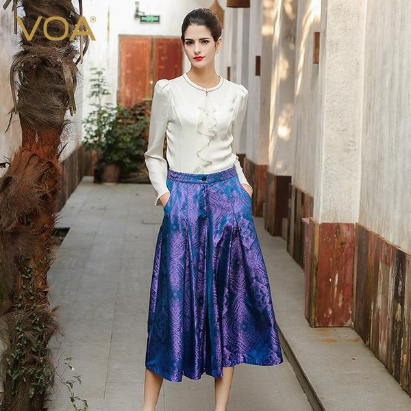 

women's pants & capris voa silk luster diamond lattice dyed mid waist wide leg summer official lady k3001, Black;white