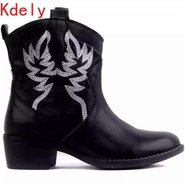 

boots pu embroidered women ankle motorcycle female autumn winter shoes woman punk, Black