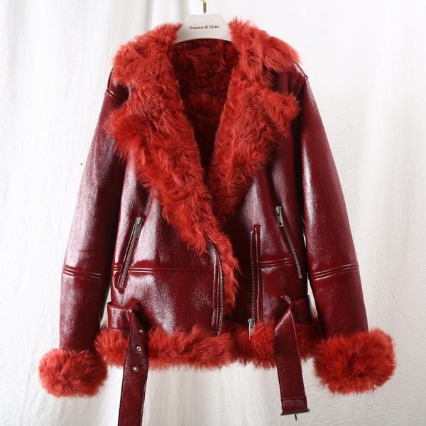 

women's fur & faux red genuine leather women coat lamb hooded motorcycle flight suit female overcoat cost short, Black
