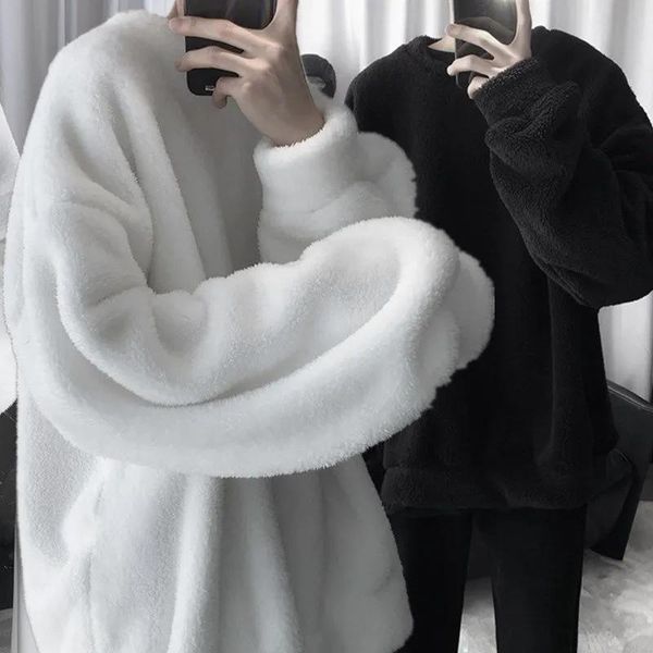 

men's hoodies & sweatshirts woollen hoodie men ins plus thick autumn and winter korean version loose pullover warm jacket round collar, Black