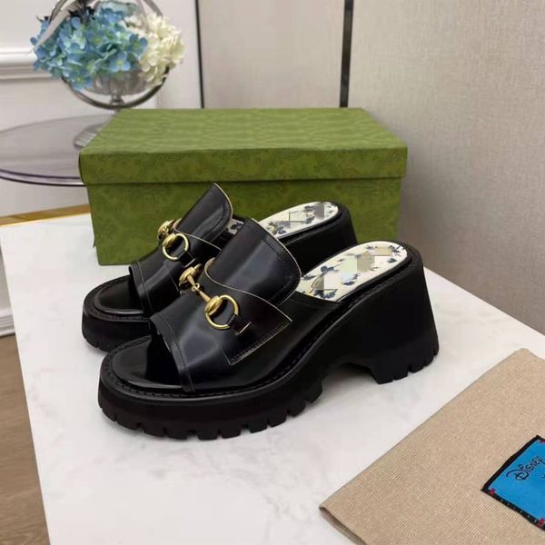 

slippers sandals summer new one-piece belt with buckle outside, thick heel muffin, soled leather platform sandals, women's shoes zly zl, Black