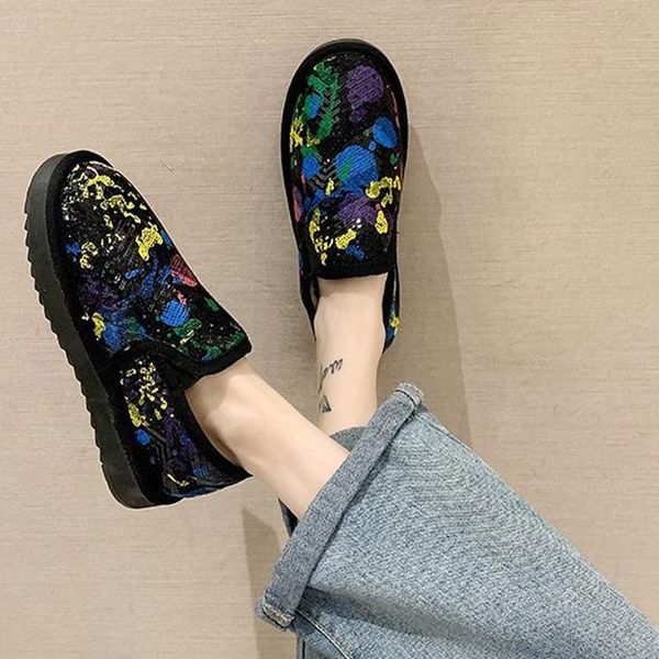 

boots women warm flats casual cotton women's plush shoes slip on loafers flat platform shoe female winter, Black