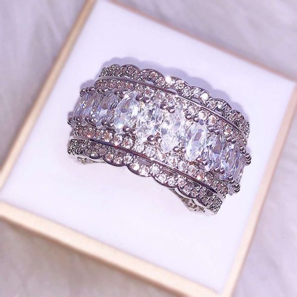 

high-end new fashion personality hollow lace micro-inlaid zircon ring women jewelry, Silver