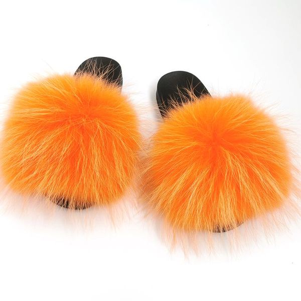 

fur slippers women wholesale luxury genuine hair sandals custom womens flip flops real raccoon furry slides, Black
