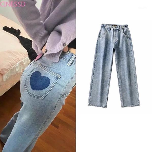 

women high waist jeans loose slim wide leg denim pants 2021 autumn winter heart shaped casual trousers fashion women's, Blue