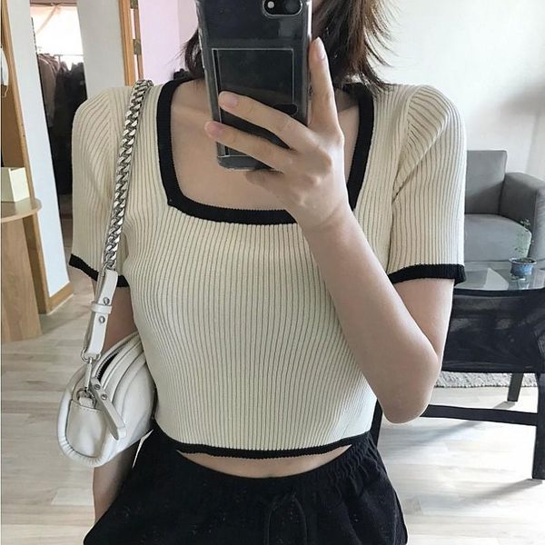 

women's t-shirt korean ins western style contrast color trim french square collar short sleeve knitwear summer slim fit versatile tide, White