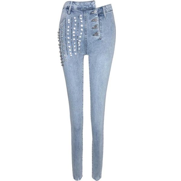 

rhinestone shiny single breasted ankle length jeans women 2021 spring auutmn skinny pencil women's, Blue