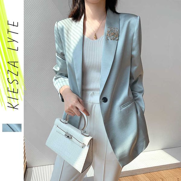 Luxo azul blazer para mulheres primavera verão escritório senhora um botão solto fino acético cetim casaco moda roupas 210608